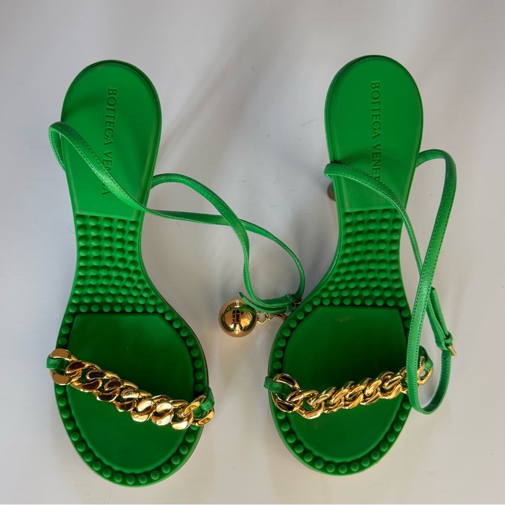 Bottega Veneta Green Sandals with Gold Chain